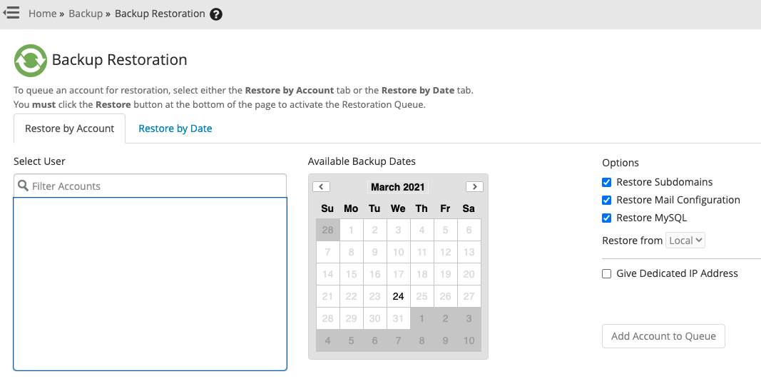 Screenshot of the Backup Restoration interface in WHM