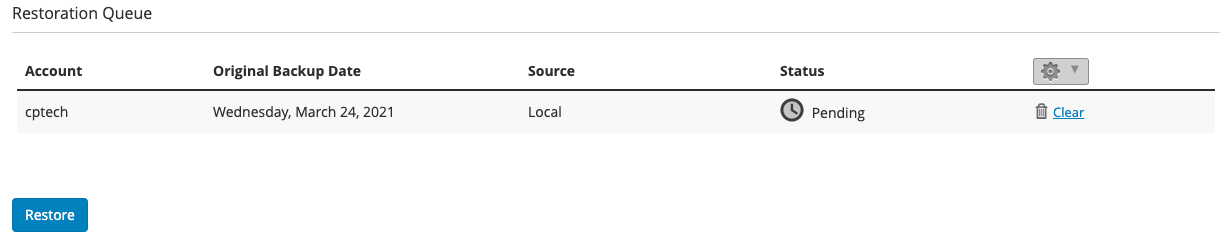 Screenshot of the Pending Restore Queue.