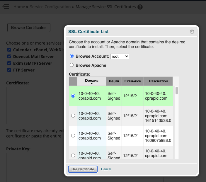 How to install the hostname SSL certificate onto the cPanel services