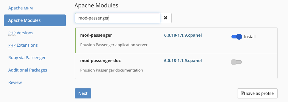 Screenshot of the Easy Apache UI with mod_passenger enabled
