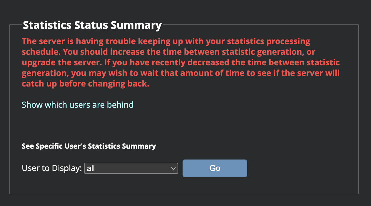 Statistics Status Summary readout in WHM
