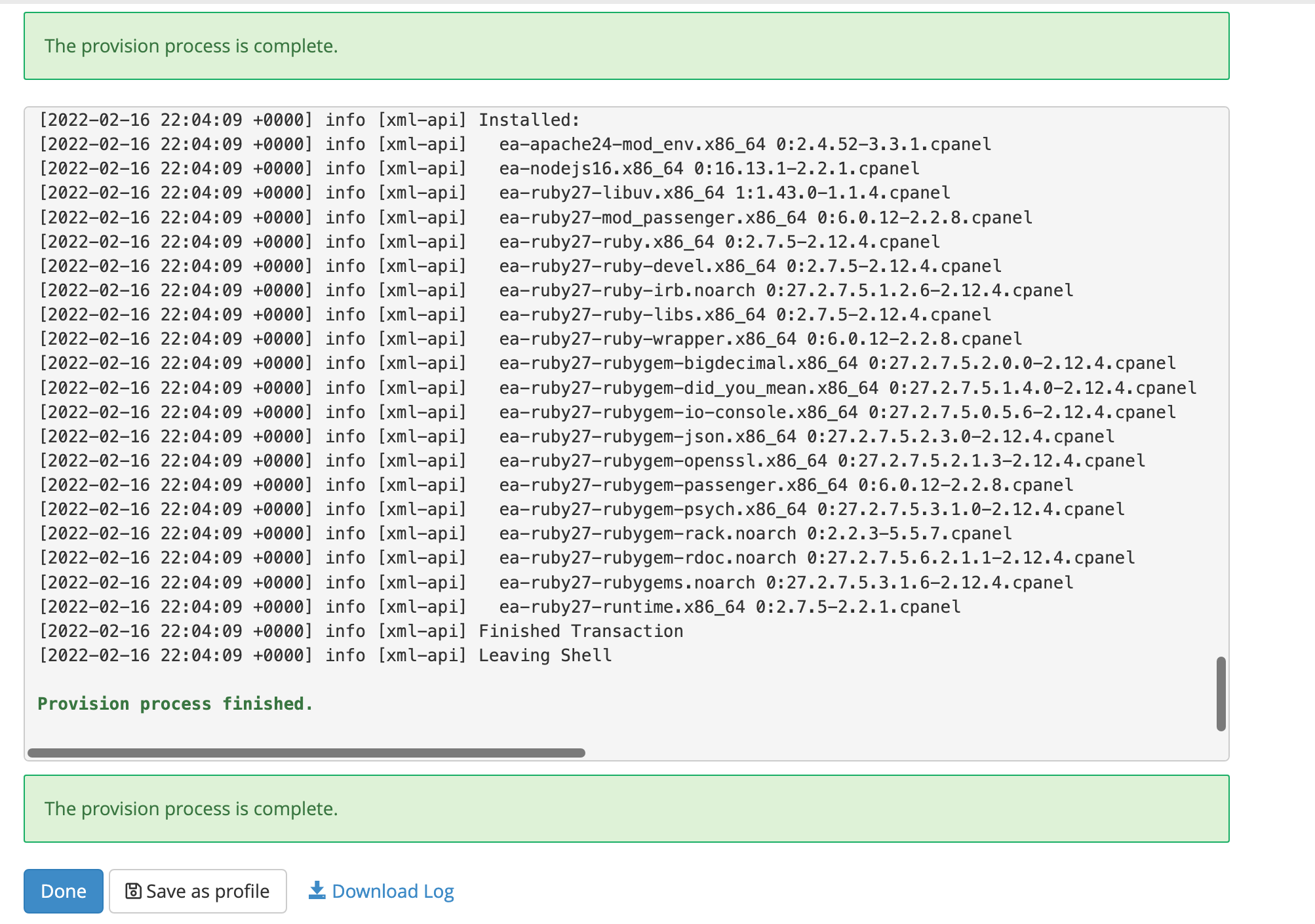 Screenshot of the Easy Apache UI after provisioning the selected packages